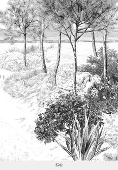 papier peint panoramique dune gris paysage style gravure