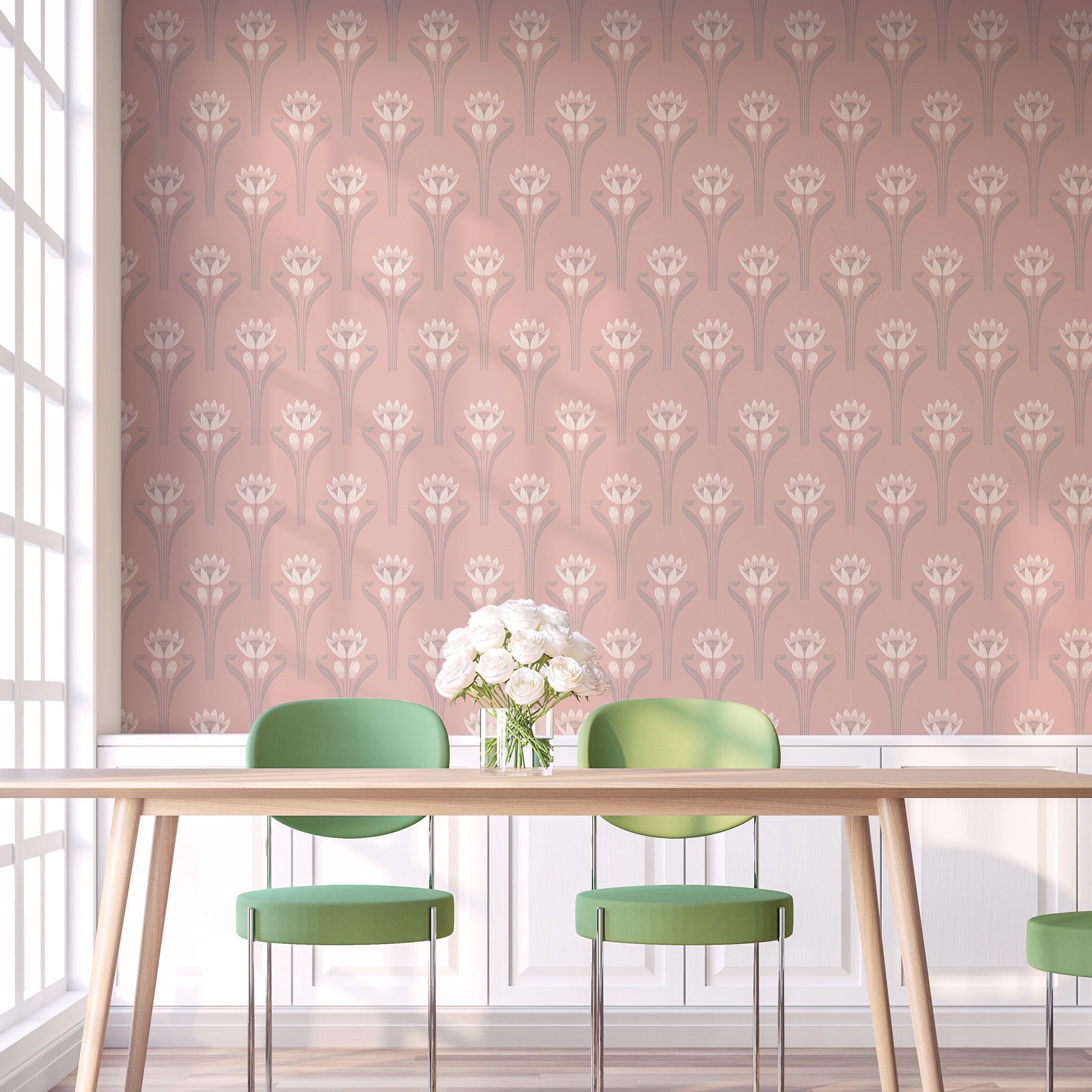 Isidoreleroy-papierpeint-tulipe-rose-blanc-feminin-heritage-chic-elegant